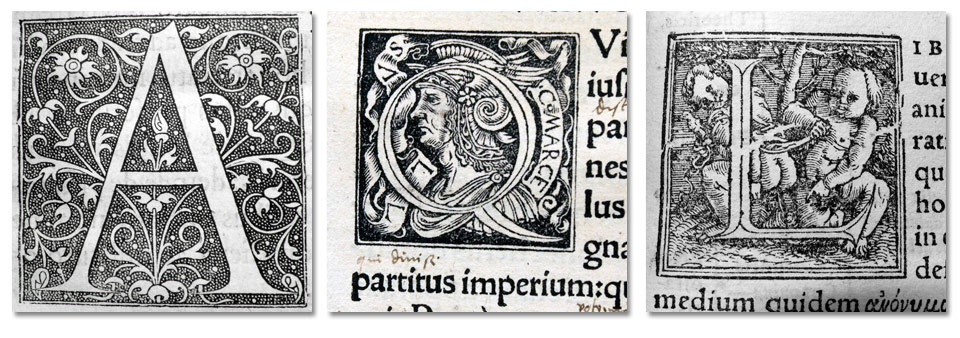 Initials by the famous 16th century French printer Estienne, and his two Basle colleagues Froben & Oporinus.