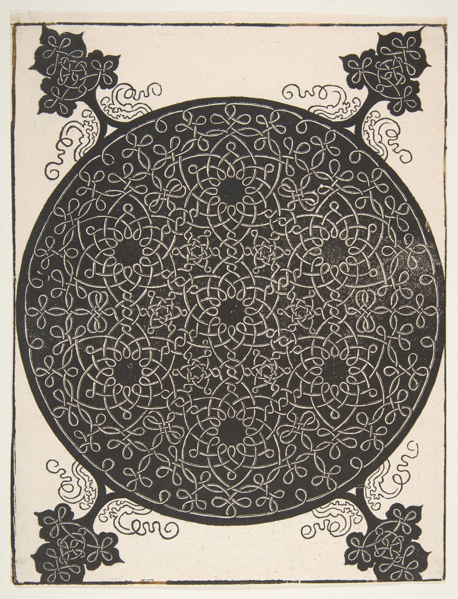 The Fifth Knot. Interlaced Roundel with Seven Six-pointed Stars, before 1521. (27.3 × 20.8 cm) source. By Dürer after Da Vinci.